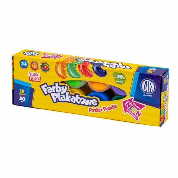 Farby plakatowe Astra 12 kolorów x 20 ml STANDART BOX (2 NEON) JM 301123011