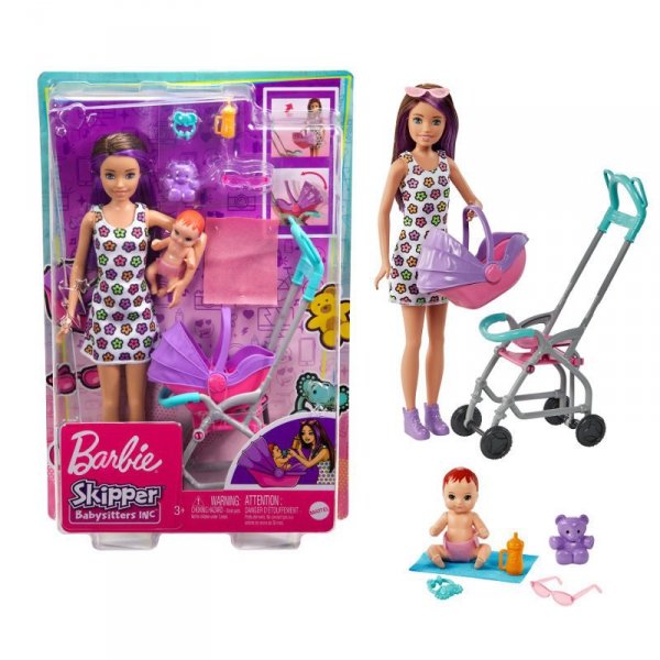 Barbie Lalka Opiekunka Skipper Wózek + bobas GXT34 p3 MATTEL