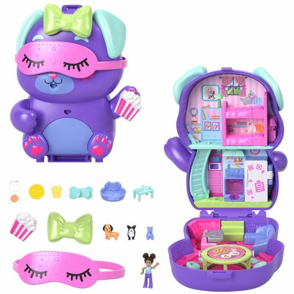 Polly Pocket Pieskowe piżama party Zestaw kompaktowy: 1 mikro lalka i akcesoria JCR38 MATTEL