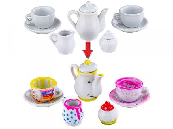 Porcelanowy Zestaw Do Malowania, Filiżanki, Imbryk, Farby + Akcesoria DIY 21 Elementów