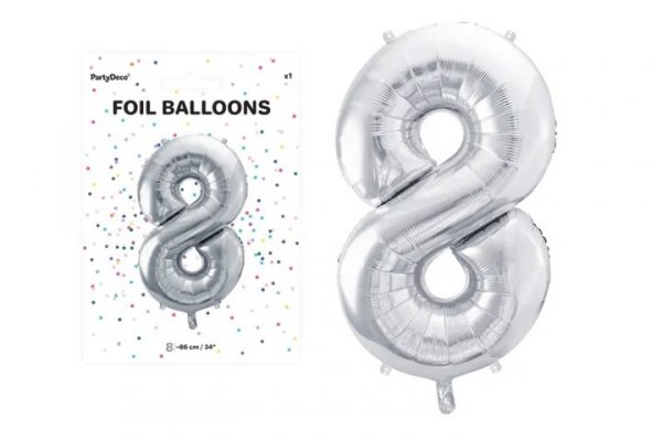 PARTYDECO Balon foliowy Cyfra 8 86cm srebrny 36085