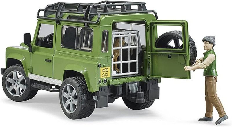 BRUDER LAND ROVER DEFENDER Z FIGURKĄ LEŚNIKA I PSEM 4+