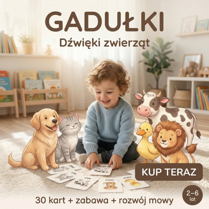 Gadułki – dźwięki zwierząt | 30 kart logopedycznych dla dzieci 2–6 lat
