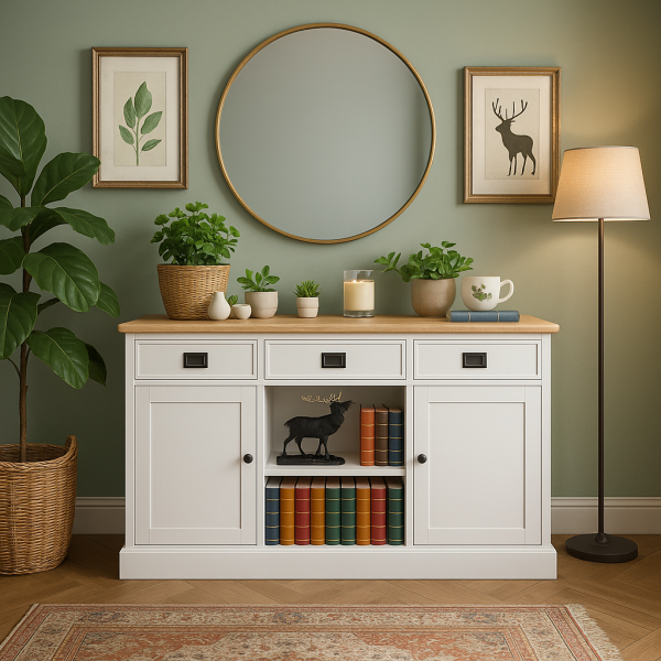 BIAŁA KOMODA W STYLU PROWANSALSKIM KLARISA Z DĘBOWYM BLATEM