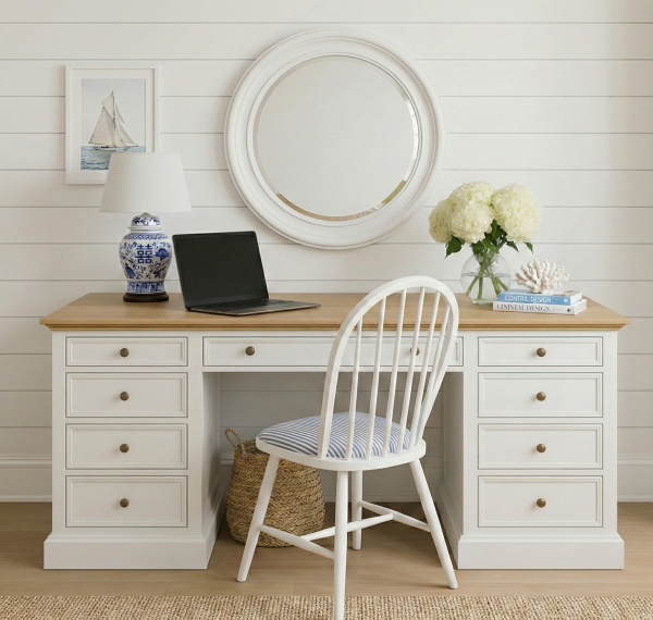 BIAŁE BIURKO Z DĘBOWYM BLATEM