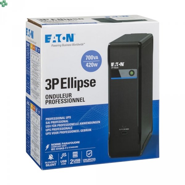 3P700UF UPS Eaton 3P Ellipse USB FR, 700 VA, 420 W, wejście: C14, gniazda: (3) francuskie, (1) francuskie tylko z ochroną przepięciową, ładowanie USB, tower