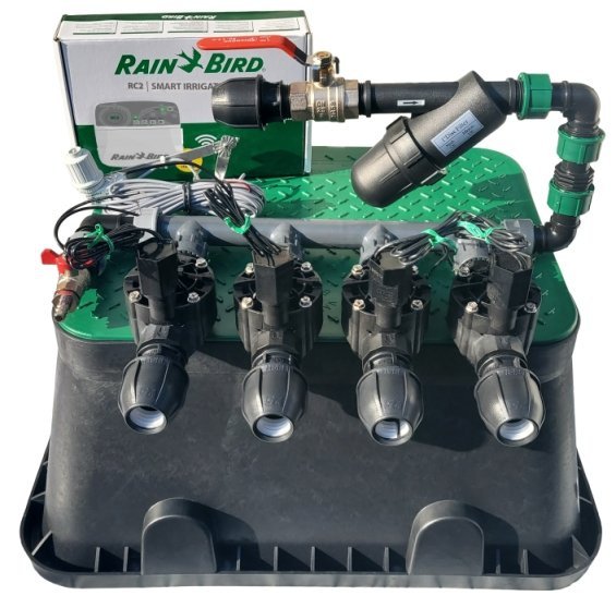 Kolektor Komplet 4 Elektrozawory 100HV Filtr + Sterownik Rain-Bird ESP-RZXe 4 sekcje+ czujnik deszczu + Studzienka Jumbo