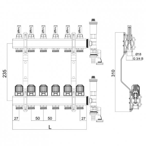 ROZDZIELACZ 14 OBWODÓW SEKCJI DO OGRZEWANIA PODŁOGOWEGO PODŁOGÓWKI K-ROZ-006.1*1/2.-14