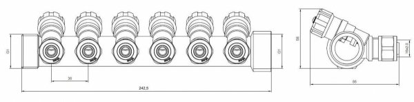 ROZDZIELACZ PEX 1” x16mm 6 OBWODÓW SEKCJE CWU DO WODY CIEPŁEJ MONO MOSIĘŻNY
