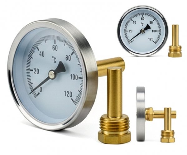 TERMOMETR BIMETALOWY 1/2" TARCZOWY 0-120°C GWINT 1/2" AXIALNY 63MM WKRĘCANY
