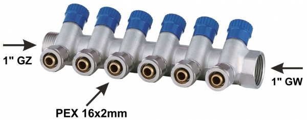 ROZDZIELACZ PEX 1” x 16mm 6 OBWODÓW SEKCJE CWU DO WODY ZIMNEJ MONO MOSIĘŻNY