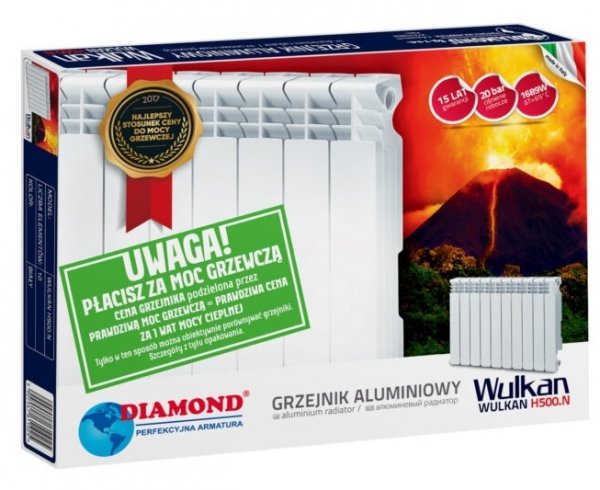 WULKAN GRZEJNIK ALUMINIOWY H-500 BOCZNY BIAŁY 578x160 - 2 ŻEBERKA