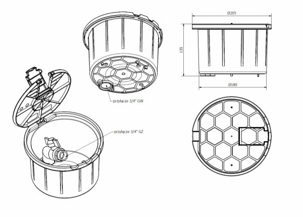 STUDZIENKA OUT SKRZYNKA POBORU WODY Z ZAWOREM KULOWYM 3/4 Z KLAPKĄ SZARA