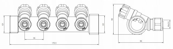 ROZDZIELACZ PEX 1” x 16 mm 4 OBWODY SEKCJE DO WODY CIEPŁEJ