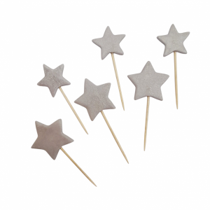 Cukrowa Dekoracja GWIAZDKI SREBRNE na Piku na Tort Deser 6szt