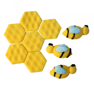 Dekoracja cukrowa PSZCZÓŁKI 3D+PLASTRY MIODU  na tort 3+6 sztuk