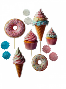 Toppery na tort SŁODKOŚCI – lody, babeczki, donuty + beziki – 12 szt.