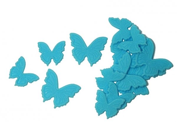Motylki Cukrowe na Tort – NIEBIESKIE PŁASKIE 14 szt. | Dekoracja Cukrowa 