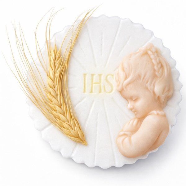 Dekoracja cukrowa na tort komunijny - HOSTIA Z KŁOSEM dziewczynka 10cm (4 szt)