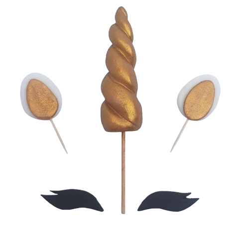 Cukrowa dekoracja na tort róg, oczy i uszy jednorożca.