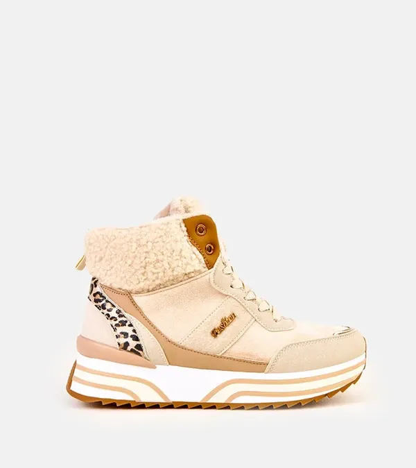 Beżowe sneakersy wysokie ocieplane z kożuszkiem Mirasen