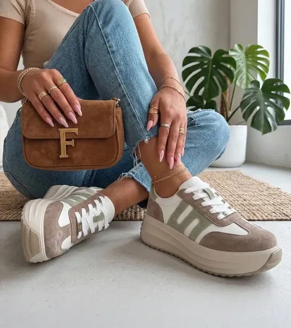 Beżowe Skórzane Sneakersy Na Platformie Filippo