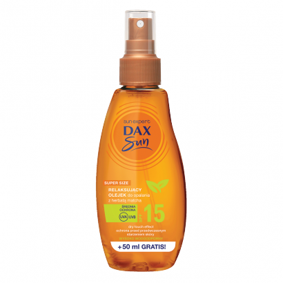 Dax Sun Relaksujący olejek do opalania z harbatą matcha, spray SPF 15 