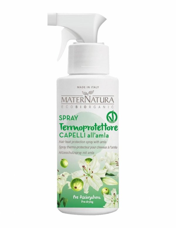 Spray termoochronny z Amlą, chroni włosy przed uszkodzeniami spowodowanymi ciepłem suszarek i prostownic, MaterNatura