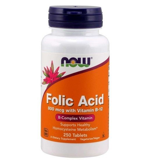 Kwas Foliowy 800 mcg + Witamina B12 25 mcg + Witamina B9, Now Foods