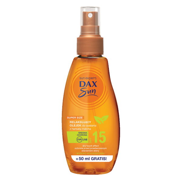 Dax Sun Relaksujący olejek do opalania z harbatą matcha, spray SPF 15