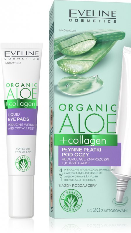 Eveline Organic Aloe + Collagen Płynne Płatki pod oczy redukujące zmarszczki i &quot;kurze łapki&quot; 4w1 20ml