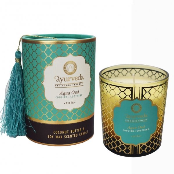Luksusowa Świeca w brązowym orientalnym szkle Harmonia Świeżość Morza Aqua & Żywica Oud (Pitta), Song of India, 200g