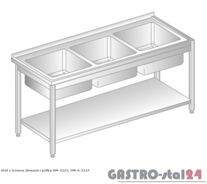Stół z trzema zlewami i półką DM 3227 szerokość: 600 mm (1600x600x850)