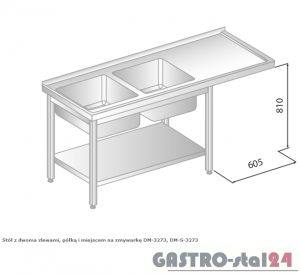 Stół z dwoma zlewami, półką i miejscem na zmywarkę DM 3273 szerokość: 700 mm (1800x700x850)