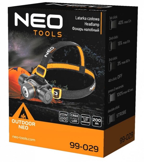 Latarka czołowa NEO 99-029 2000 LM akumulatorowo / bateryjna USB