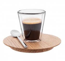 Clap Design CIRCLE Szklanka Termiczna z Drewnianym Spodkiem i Magnetyczną Łyżeczką / Zestaw do Kawy Espresso 80 ml