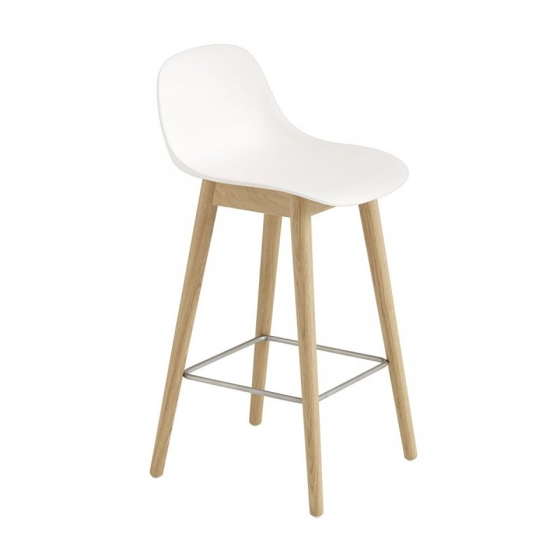 Muuto FIBER Hoker z Oparciem - Stołek Barowy 65 cm Biały / Drewniana Rama Naturalna
