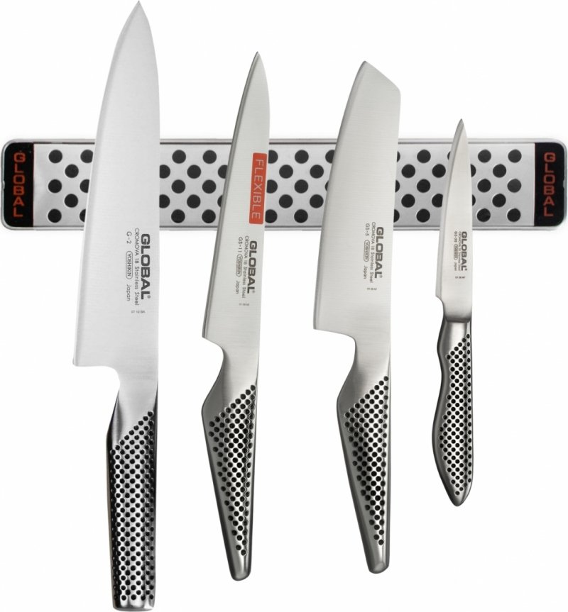 Global CLASSIC Zestaw 4 Japońskich Noży Kuchennych + Listwa Magnetyczna
