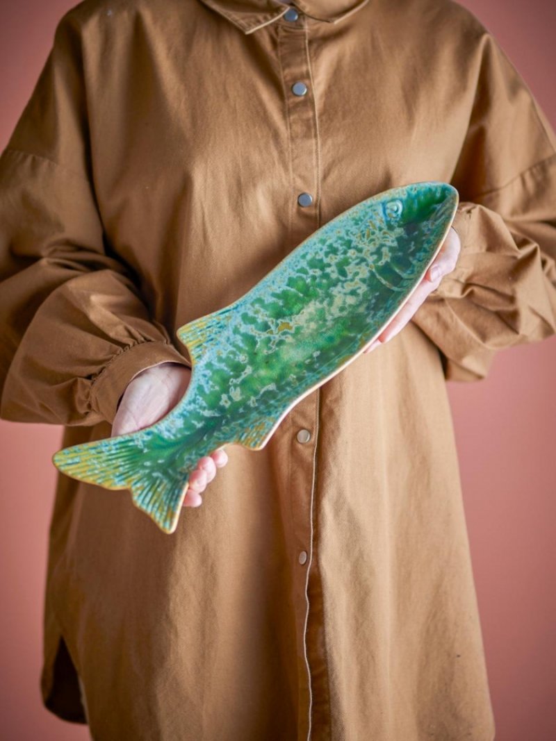 Półmisek ceramiczny w kształcie ryby w kolorze zielonym