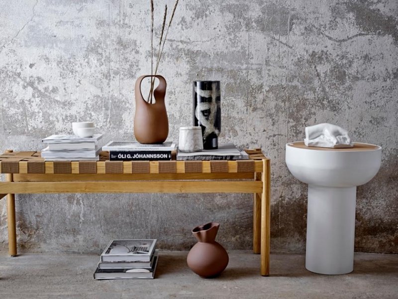 Bloomingville ROEL Dębowa Ławka z Materiałowym Siedziskiem / Brązowa
