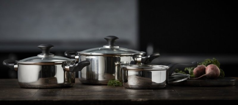 Funktion KITCHEN Zestaw Garnków Stalowych 6 El. / Srebrny z Czarnymi Uchwytami