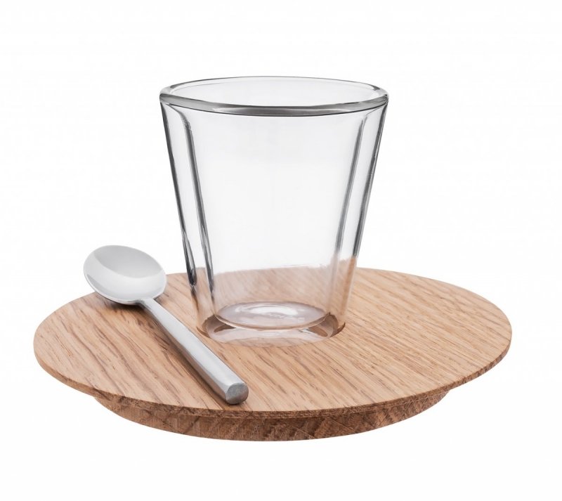 Clap Design CIRCLE Szklanka Termiczna z Drewnianym Spodkiem i Magnetyczną Łyżeczką / Zestaw do Kawy Espresso 80 ml