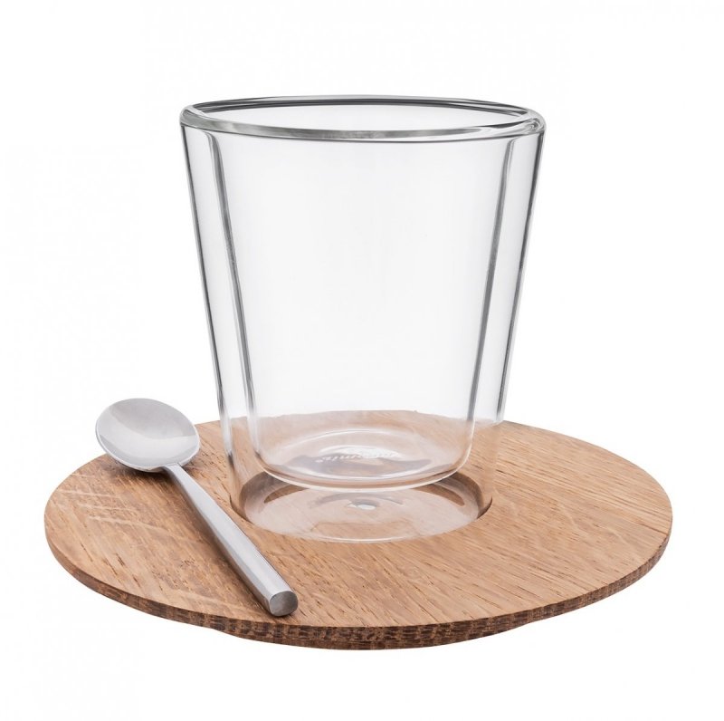 Clap Design CIRCLE Szklanka Termiczna z Drewnianym Spodkiem i Magnetyczną Łyżeczką / Zestaw do Kawy Cappuccino 200 ml