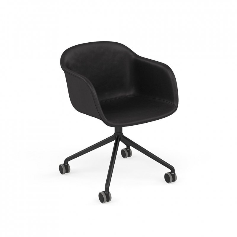 Muuto FIBER ARMCHAIR SWIVEL BASE Krzesło Obrotowe na Kółkach - Czarne / Siedzisko Tapicerowane Czarna Skóra
