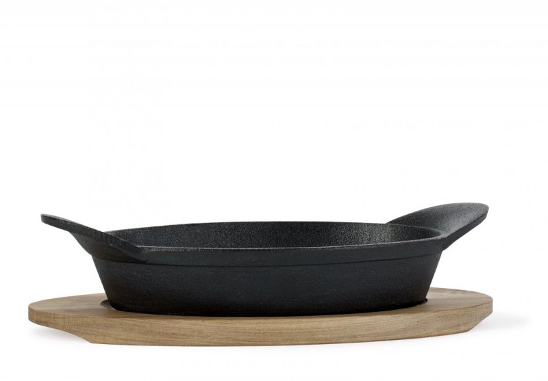 Holm PLATE Talerz / Półmisek Głęboki Żeliwny 21 cm na Drewnianej Podstawce