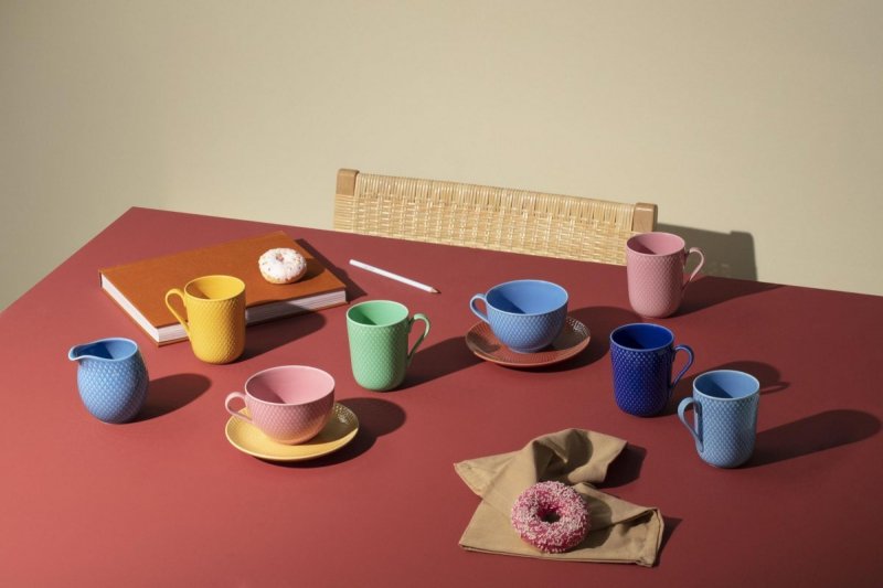 Lyngby Porcelain RHOMBE Filiżanka do Herbaty 390 ml Niebieska z Czerwonym Spodkiem