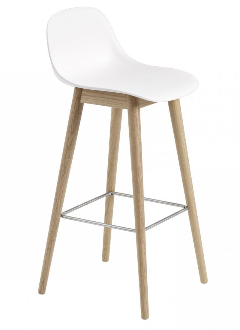 Muuto FIBER Hoker z Oparciem - Stołek Barowy 75 cm Biały / Rama Naturalny Dąb