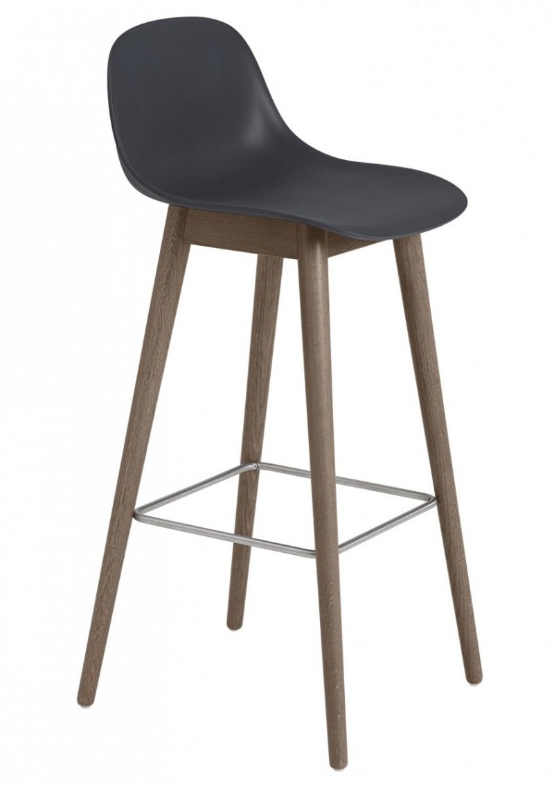 Muuto FIBER Hoker z Oparciem - Stołek Barowy 75 cm Czarny / Rama Ciemnobrązowa