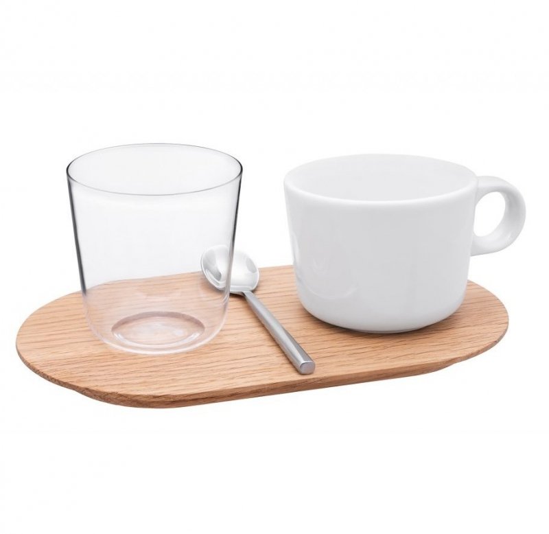 Clap Design OVAL Filiżanka do Kawy 160 ml / Zestaw z Dębowym Spodkiem, Szklanką i Łyżeczką