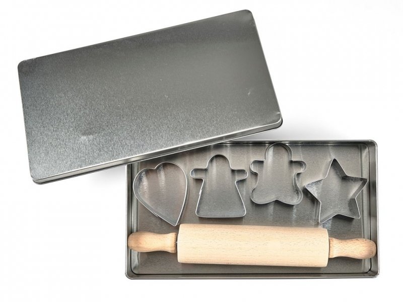 Funktion KITCHEN Zestaw do Pieczenia Ciasteczek - Wałek do Ciasta + 4 Foremki do Wykrawania w Metalowej Puszcze